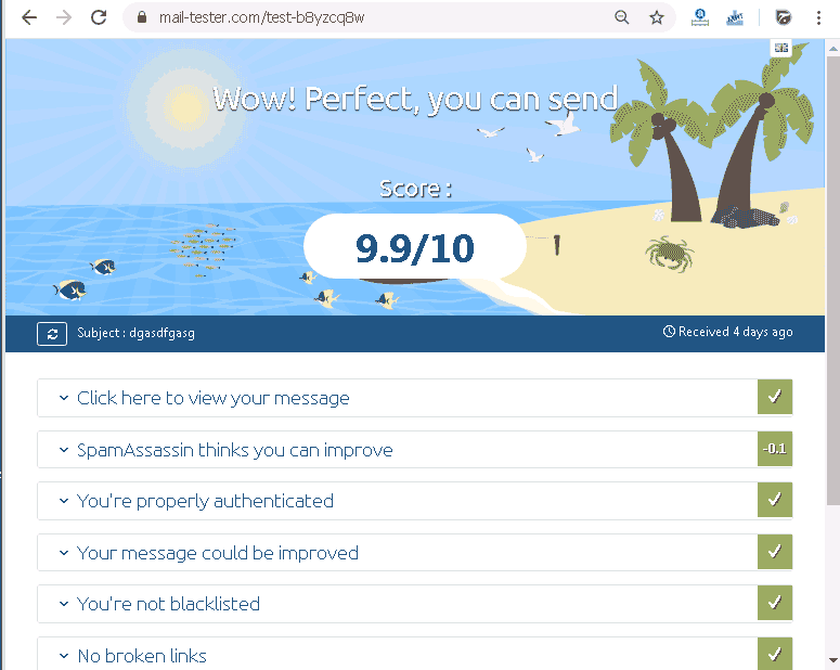 بررسی نتیجه ارسال ایمیل در mail-tester.com