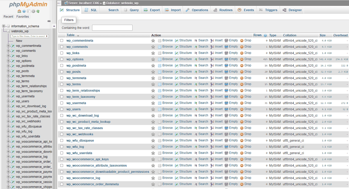 انتخاب جدول در phpMyAdmin