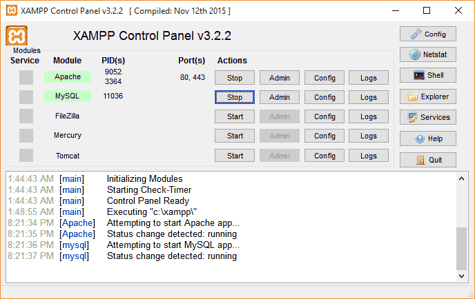 کنترل پنل XAMPP