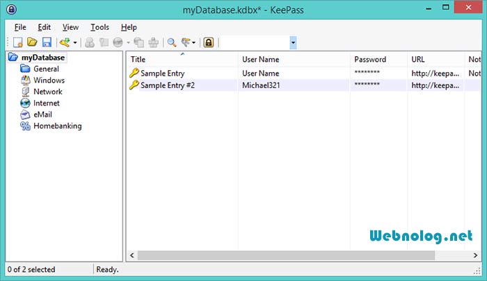 پنجره اصلی Keepass بعد از باز شدن  یک پایگاه داده
